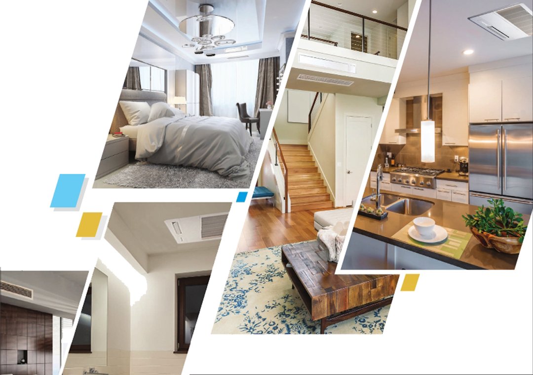 Kamar tidur, tangga, dan dapur dengan unit indoor Daikin VRV Home Series yang menyatu di plafon