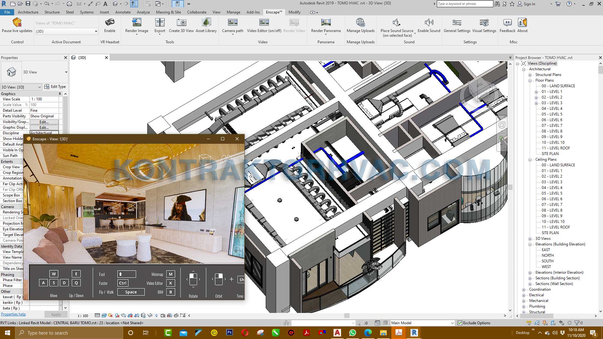 Tampilan Revit dengan render interior berpanel kayu dan model tiga dimensi di sebelahnya