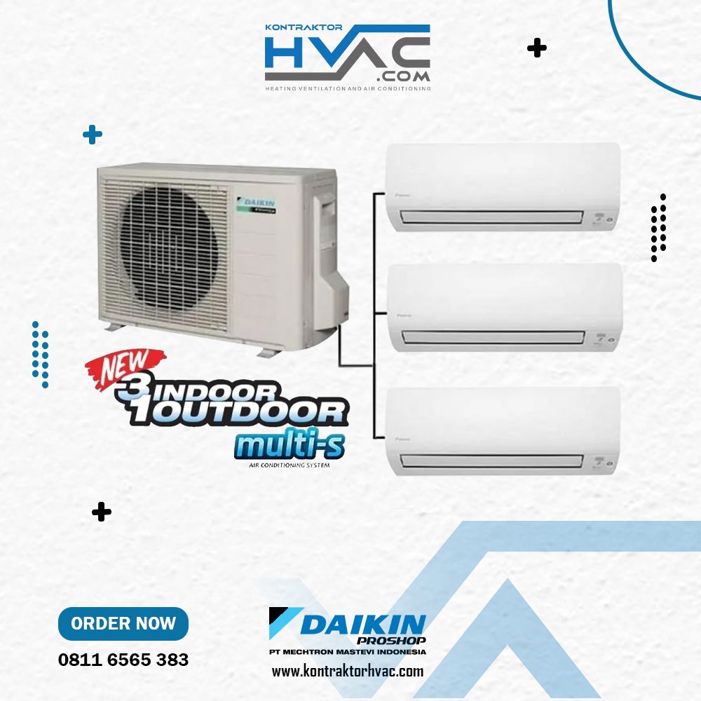 Diagram Daikin Multi S tiga koneksi: satu unit outdoor terhubung ke tiga unit indoor