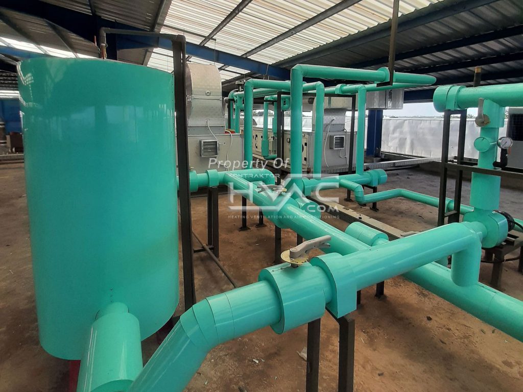 Jalur pipa air dingin berwarna hijau di ruang mesin chiller