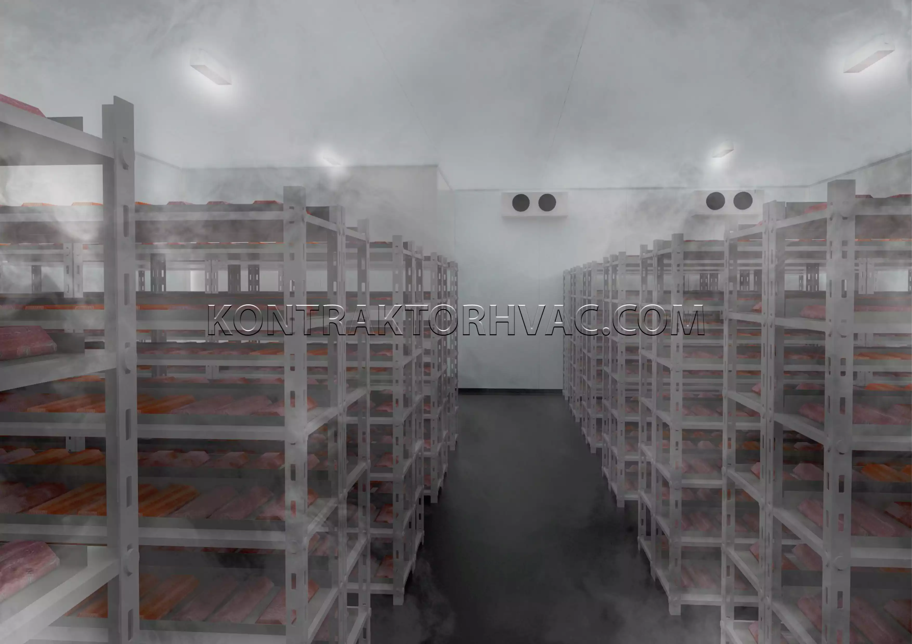 Lorong antar rak di dalam cold room yang sedang beroperasi