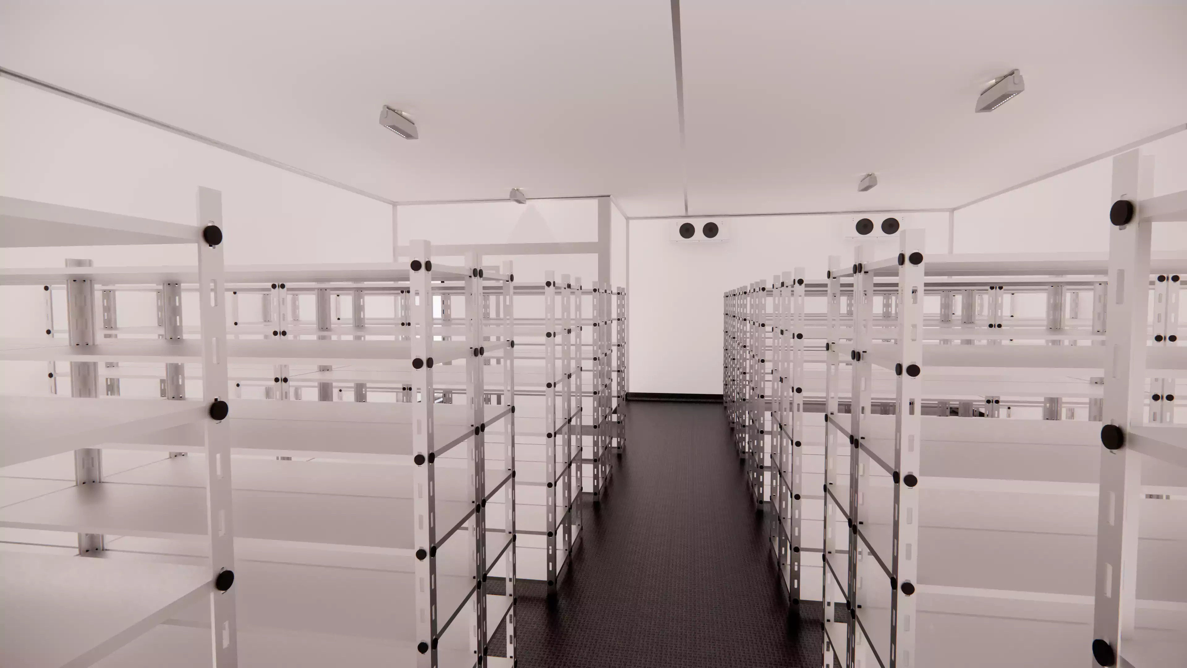 Bagian dalam cold room storage dengan rak baja bertingkat dan dinding panel putih