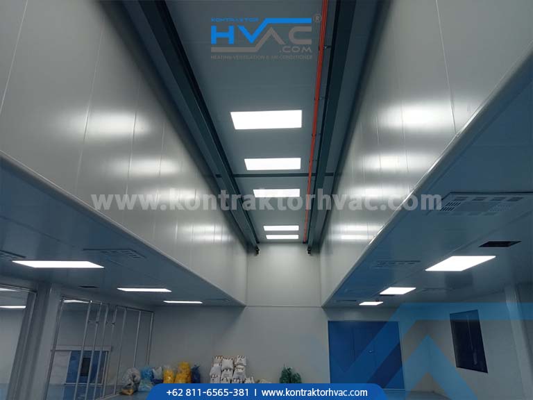 Pemasangan rangka plafon dan jalur ducting cleanroom