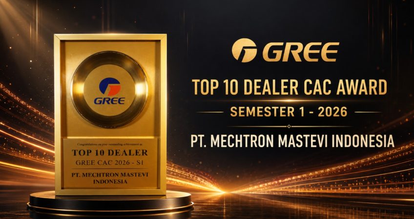 Piala penghargaan Top 10 Dealer GREE CAC 2026 S1 untuk PT Mechtron Mastevi Indonesia