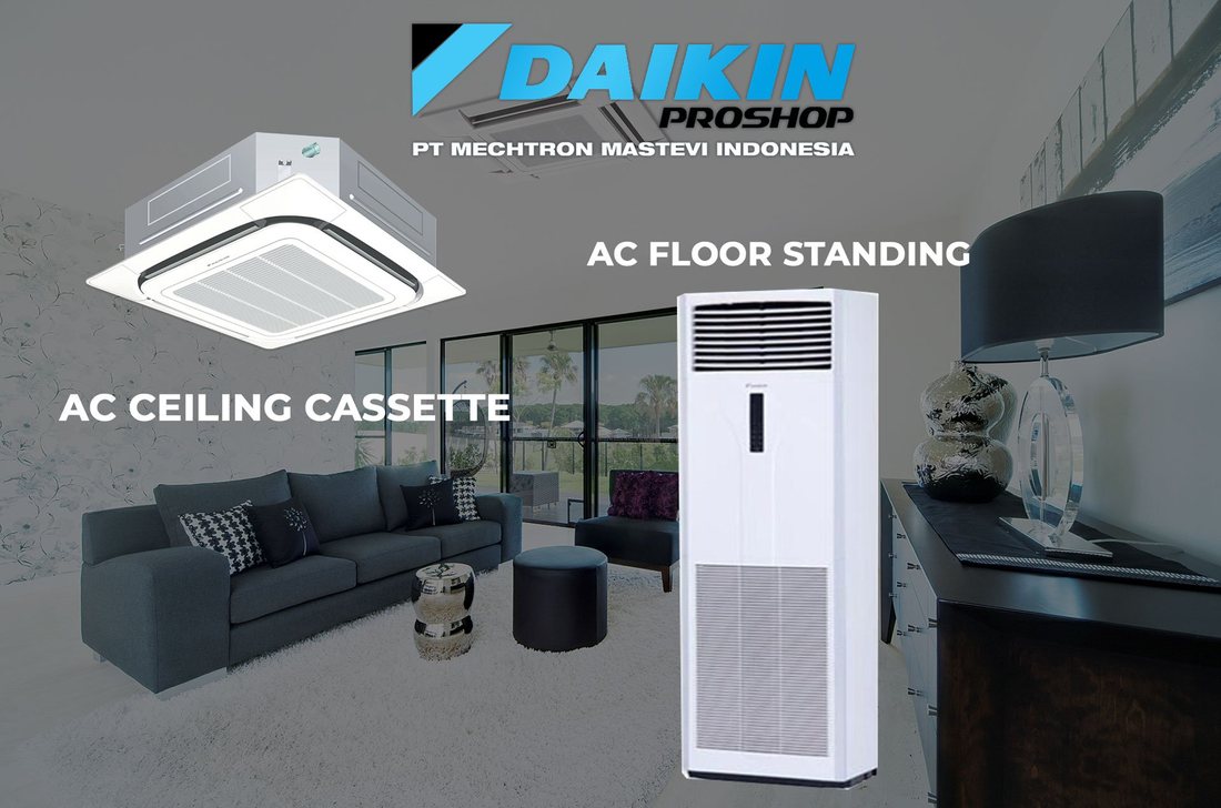 Unit AC ceiling cassette dan AC floor standing Daikin di ruangan berukuran besar