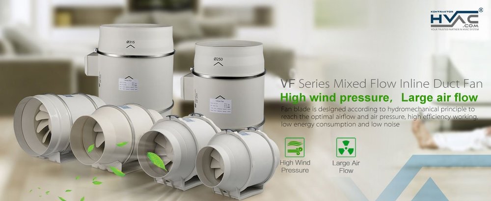 Materi VF Series mixed flow inline duct fan dengan tekanan tinggi dan debit besar