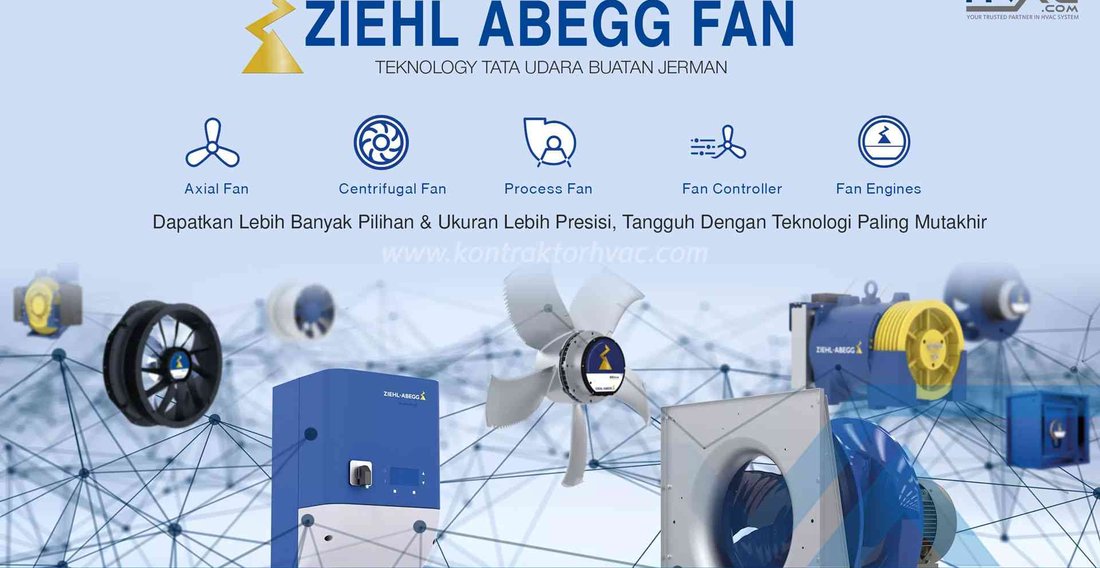 Materi produk Ziehl-Abegg dengan kategori axial fan, centrifugal fan, process fan, dan pengendali