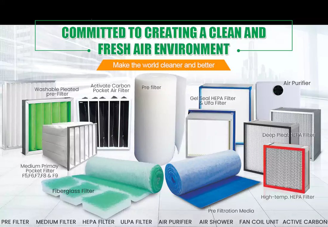 Keluarga produk penyaring udara: pre filter, filter medium, HEPA, ULPA, dan karbon aktif