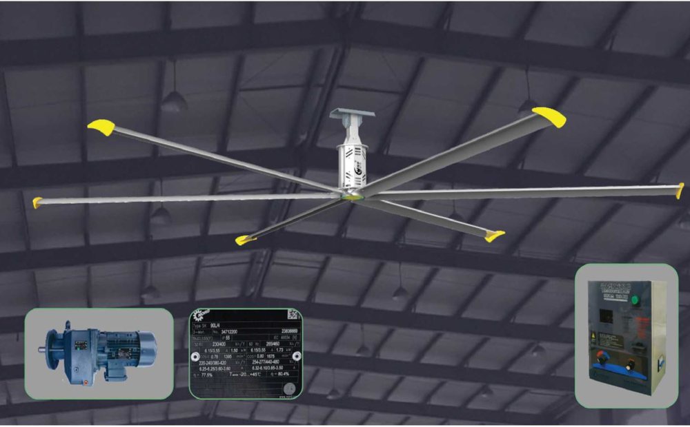Unit kipas HVLS terpasang di rangka atap beserta panel kendalinya