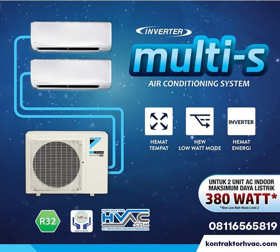 Materi Daikin Multi S yang menyebut daya maksimum 380 watt untuk dua unit indoor pada Low Watt Mode tingkat dua